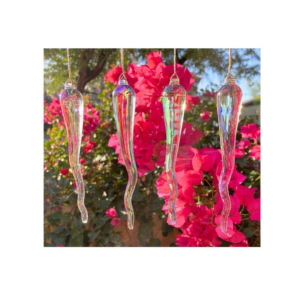 Set of 8 Handmade 6" Iridized Clear Glass Icicle Ornaments - Picture 8 of 10